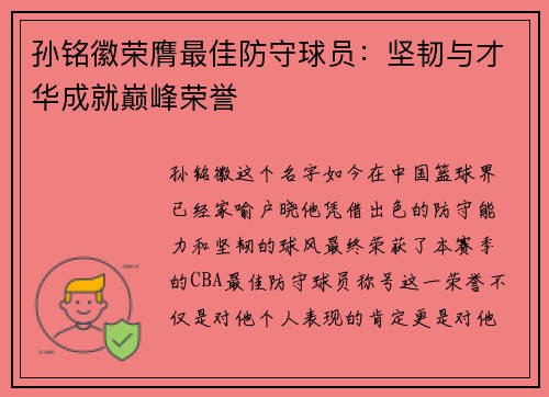 孙铭徽荣膺最佳防守球员：坚韧与才华成就巅峰荣誉