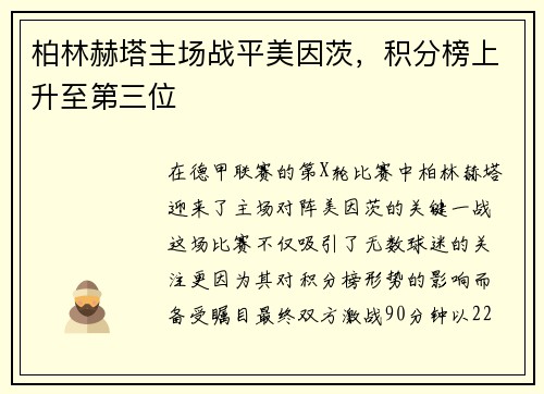 柏林赫塔主场战平美因茨，积分榜上升至第三位