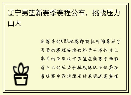 辽宁男篮新赛季赛程公布，挑战压力山大